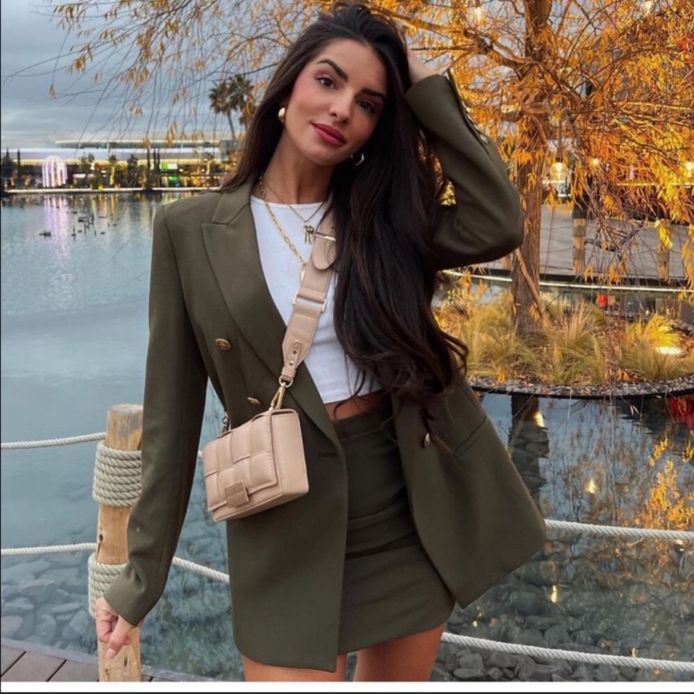 Zara Khaki Blazer + Skirt Set